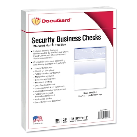 Docugard Security Paper Check, 24 lb., Blue, PK500 04501
